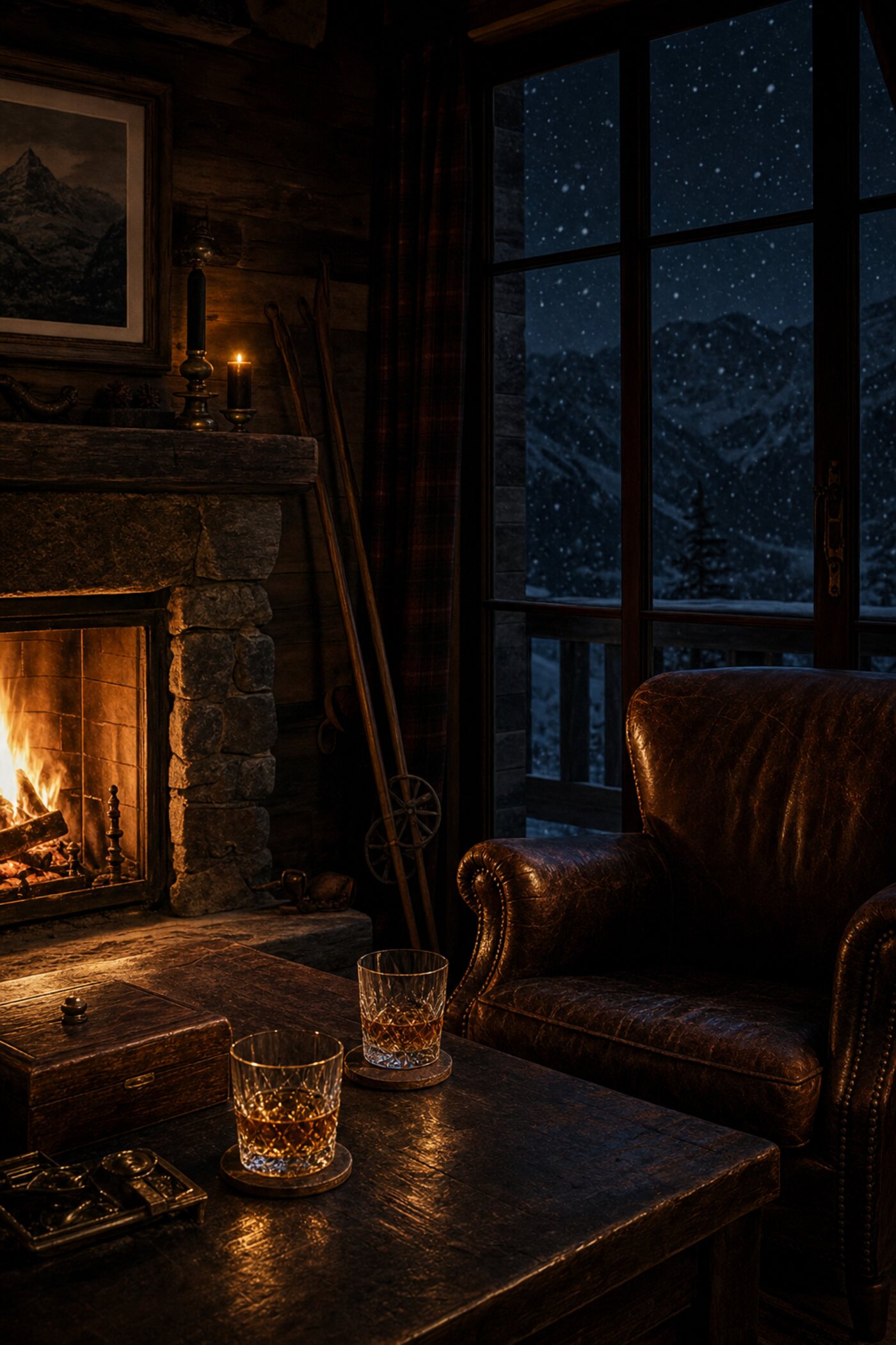 A private chalet interior at night, firelight and two glasses on a dark oak table